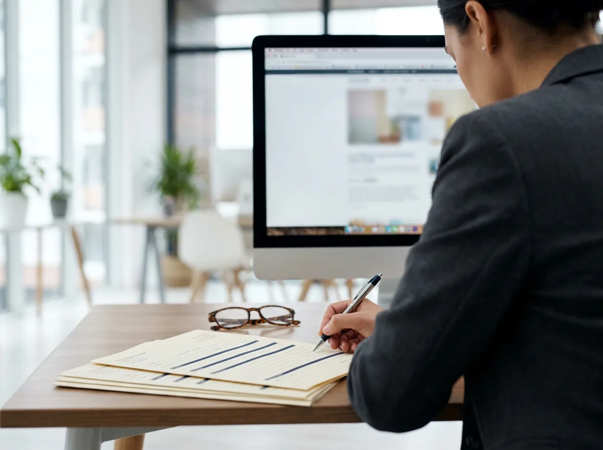 Geschäftsfrau füllt am Schreibtisch ein Formular aus, im Hintergrund ein Monitor mit unscharfer Webseite