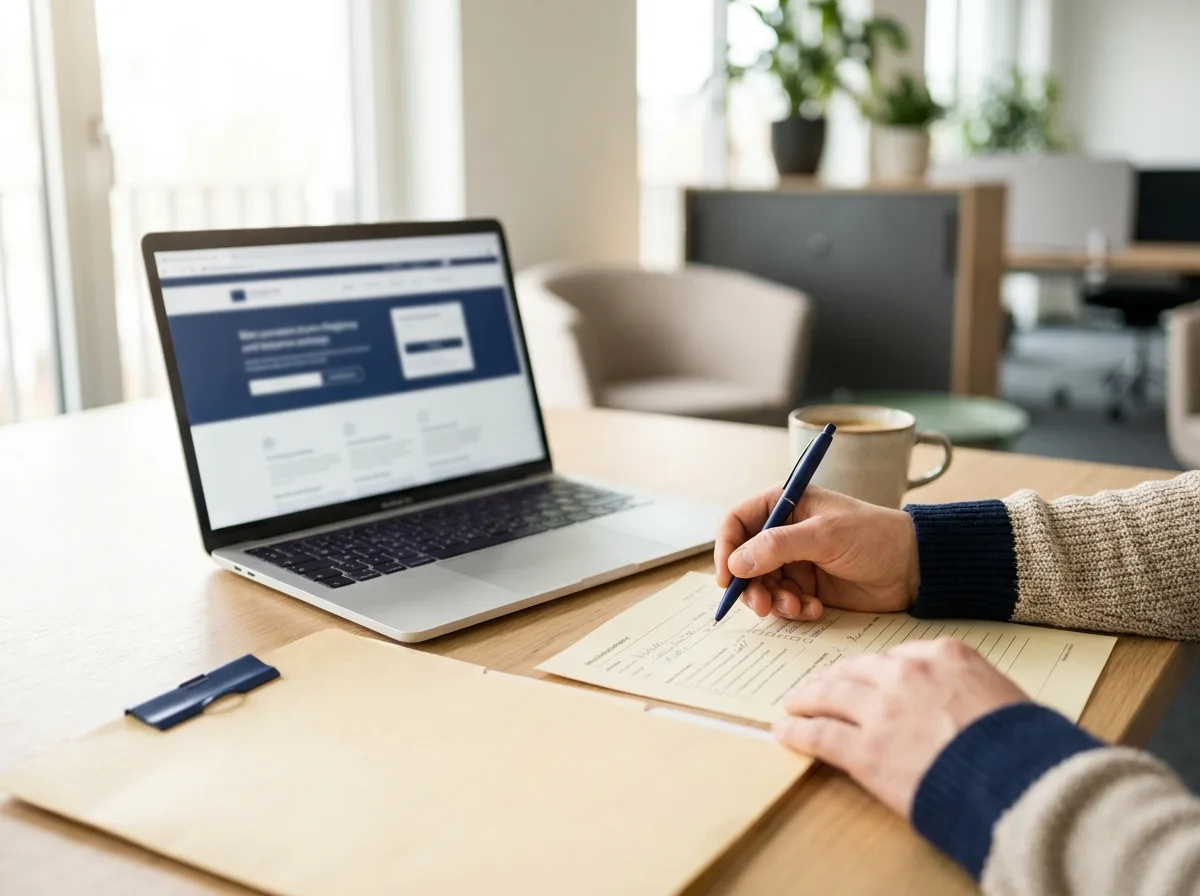 Person füllt an einem hellen Schreibtisch ein gedrucktes Formular mit dem Stift aus, daneben ein aufgeklappter Laptop