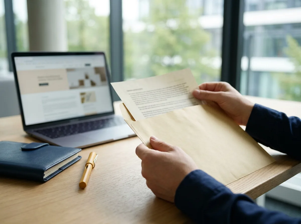 Hände ziehen an einem hellen Schreibtisch einen Brief aus einem Umschlag, dahinter ein Laptop mit unscharfer Webseite, daneben marineblaues Notizbuch und bernsteinfarbener Stift