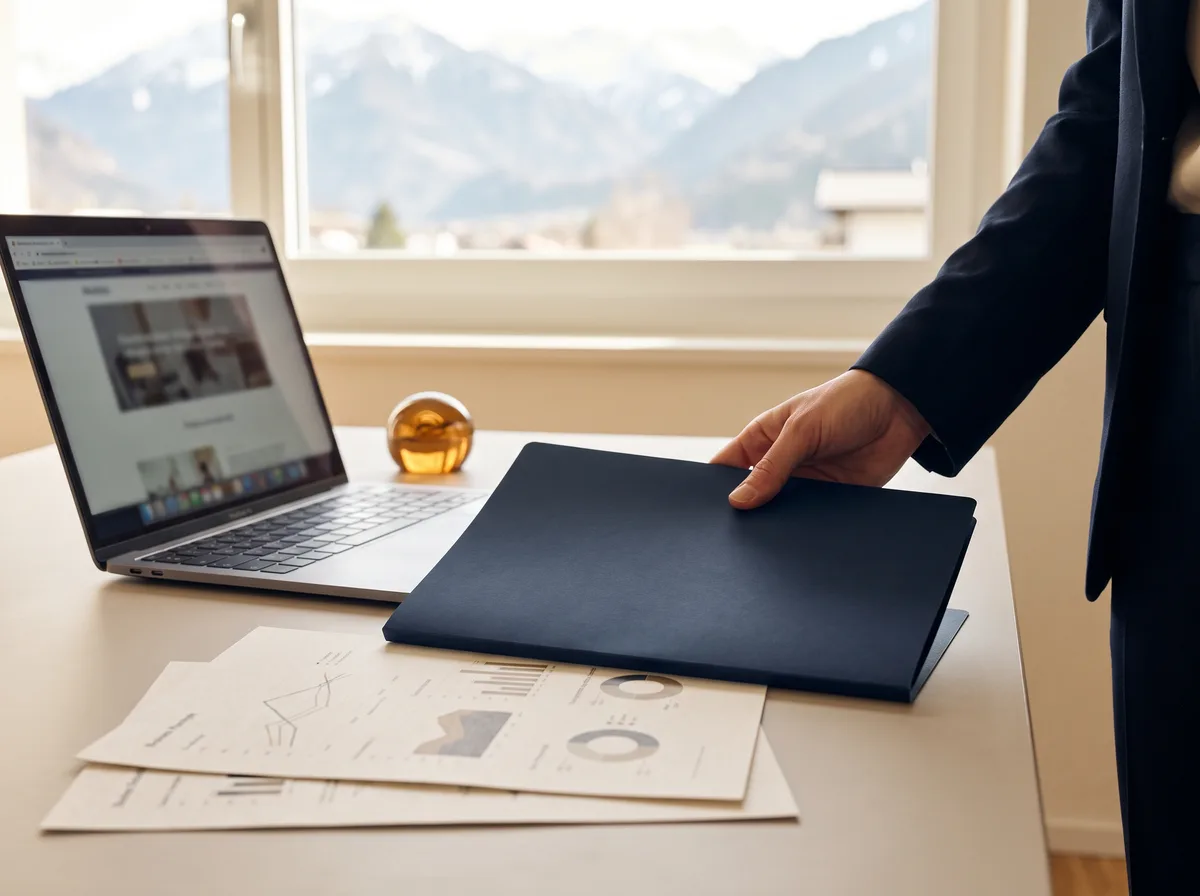 Eine Hand legt eine dunkelblaue Mappe auf einen Schreibtisch neben einen Laptop und ausgedruckte Unterlagen, im Fenster dahinter verschneite Berge