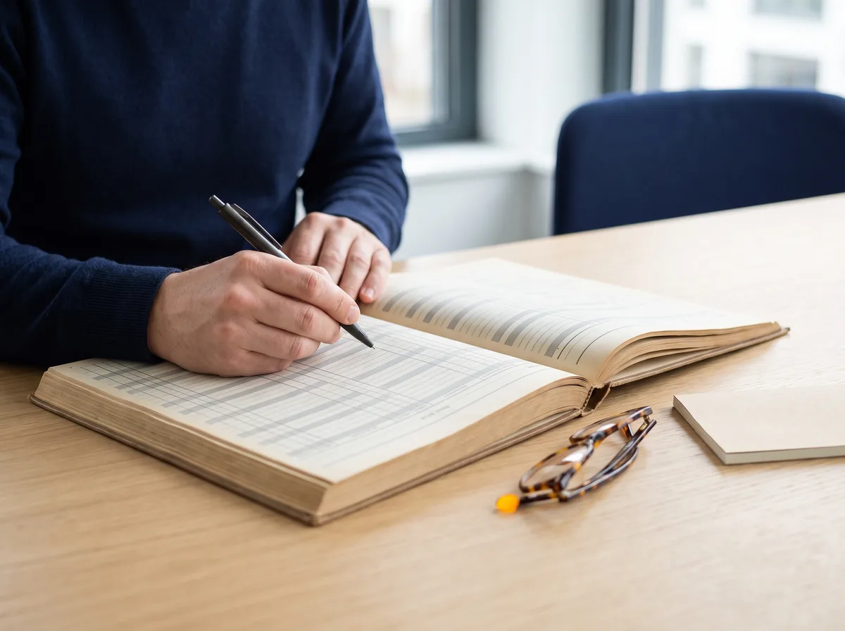Hände mit Kugelschreiber über einem aufgeschlagenen Register mit vielen Spalten auf einem hellen Holztisch, daneben eine Lesebrille und ein Notizblock