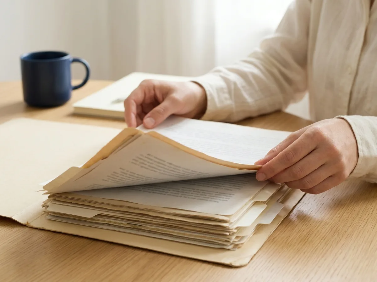 Hände blättern durch eine geöffnete Dokumentenmappe mit mehreren Papieren und hellen Trennlaschen auf einem Holztisch