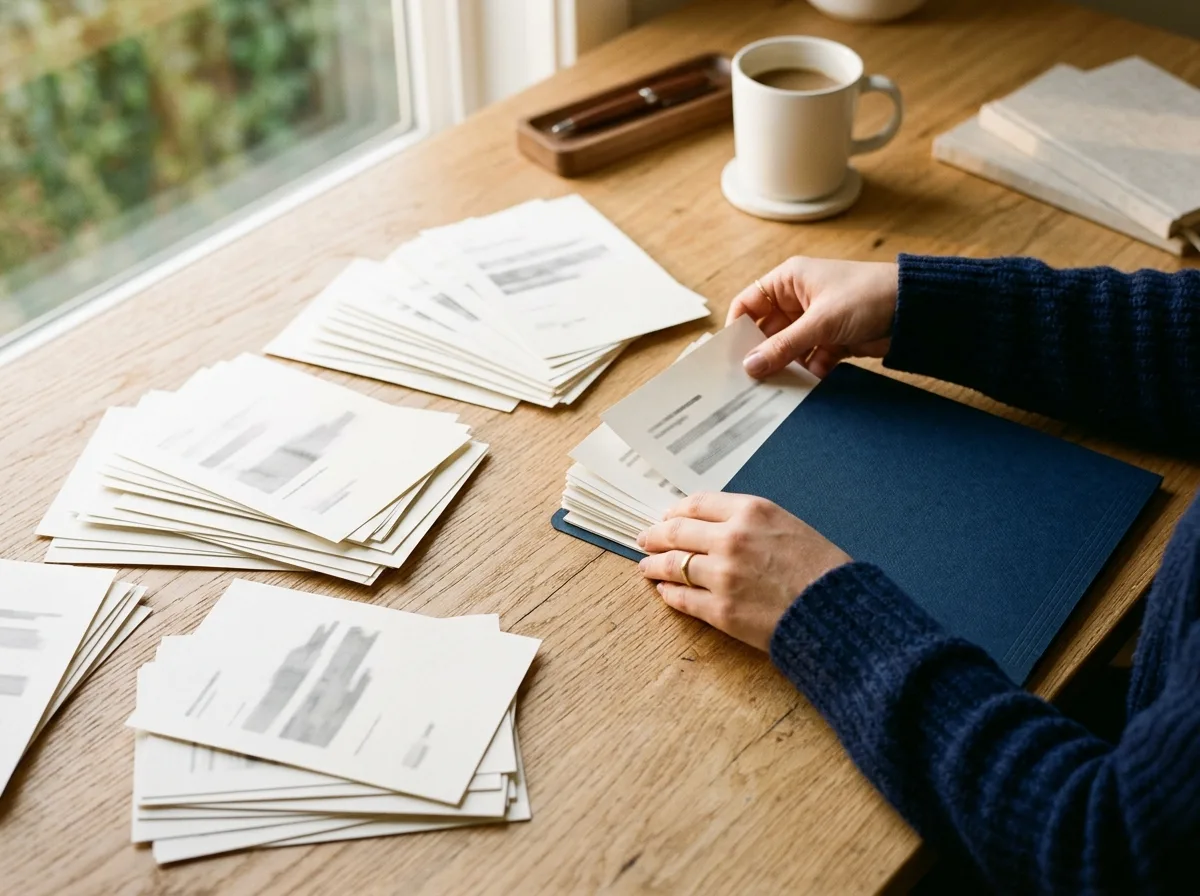 Viele lose Papierstapel auf einem hellen Holztisch, zwei Hände in einem blauen Pullover ordnen die Blätter in eine einzige dunkelblaue Mappe, daneben eine Kaffeetasse am Fenster