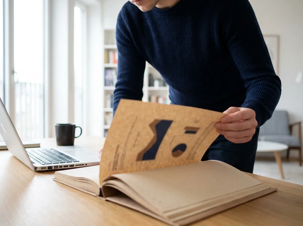 Person blättert an einem hellen Schreibtisch durch einen gebundenen Geschäftsbericht mit Diagrammseiten, daneben ein Laptop