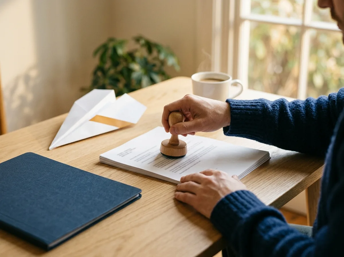 Hände in einem blauen Pullover stempeln ein Dokument auf einem hellen Holztisch ab, daneben ein weißer Papierflieger mit bernsteinfarbenem Streifen, eine blaue Mappe und eine dampfende Kaffeetasse im Fensterlicht