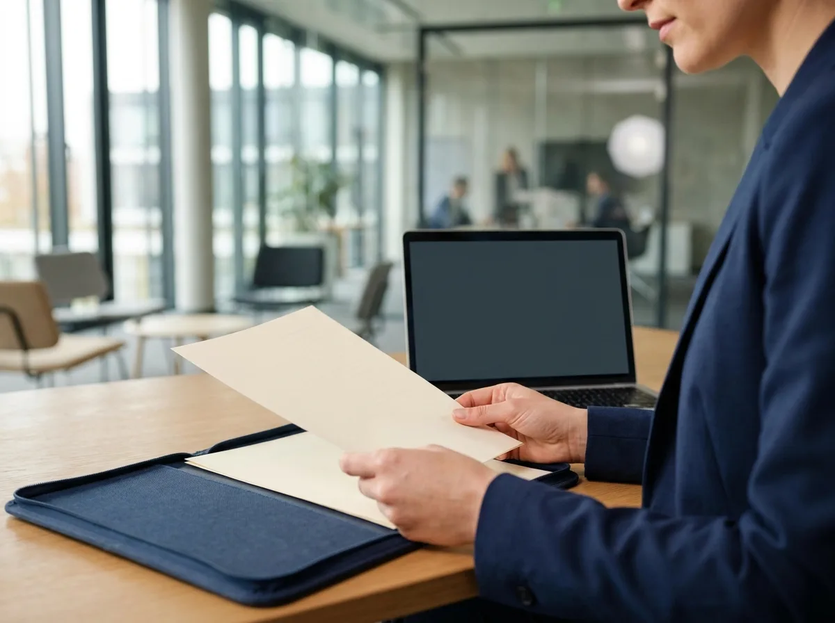 Geschäftsfrau prüft am Schreibtisch ein Dokument über einer blauen Dokumentenmappe, dahinter ein Laptop