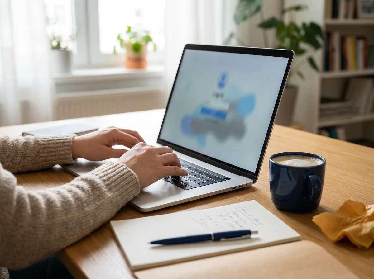 Hände tippen auf einem Laptop mit unscharfer Anmeldeseite, daneben Notizblock und Kaffeetasse