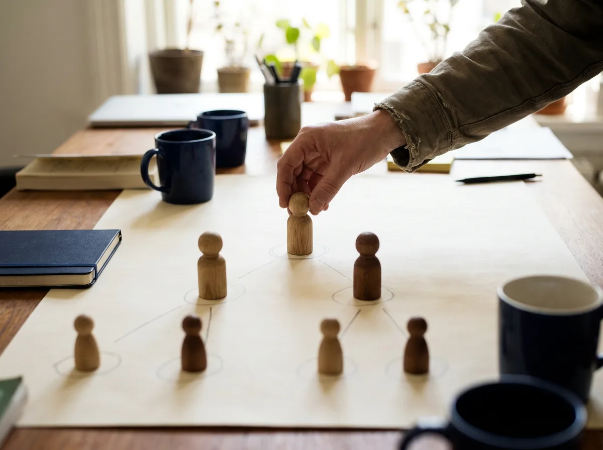 Eine Hand setzt Holzfiguren zu einem Beteiligungs-Diagramm auf einem großen Papierbogen zusammen